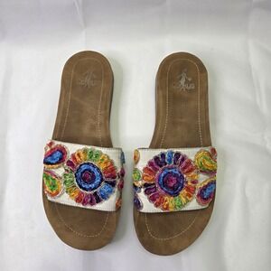 Corky's Womens Pinwheel Slide Sandal Sz 9 Rainbow Colorful Avant Garde Artsy Fun